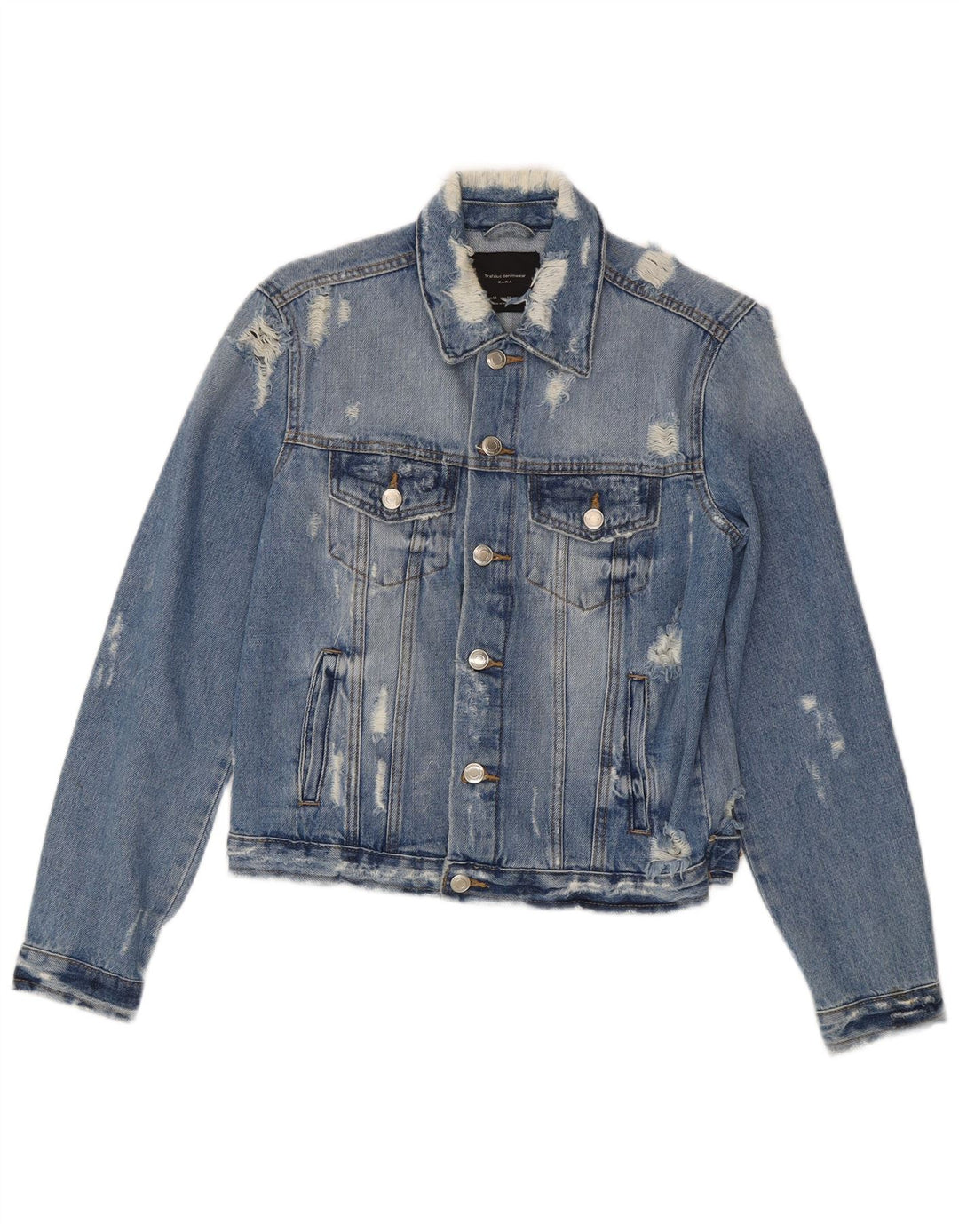 Женская укороченная джинсовая куртка Zara UK 12, хлопок среднего синего цвета