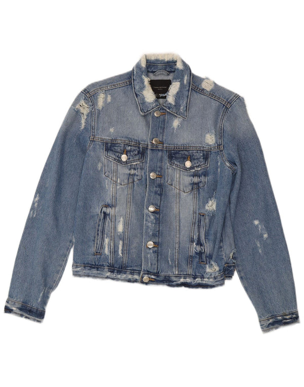 Женская укороченная джинсовая куртка Zara UK 12, хлопок среднего синего цвета