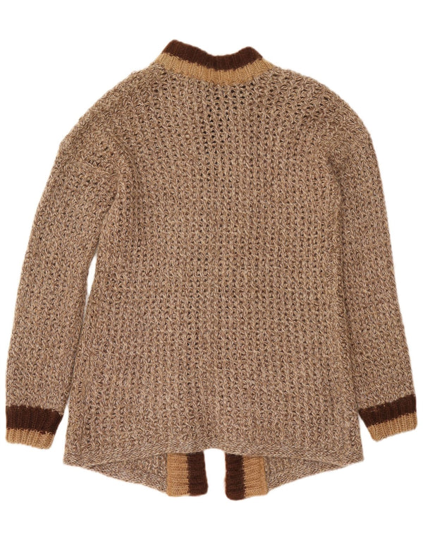 Винтажный женский открытый кардиган-свитер UK 14, средний коричневый цвет из мохера с цветными блоками