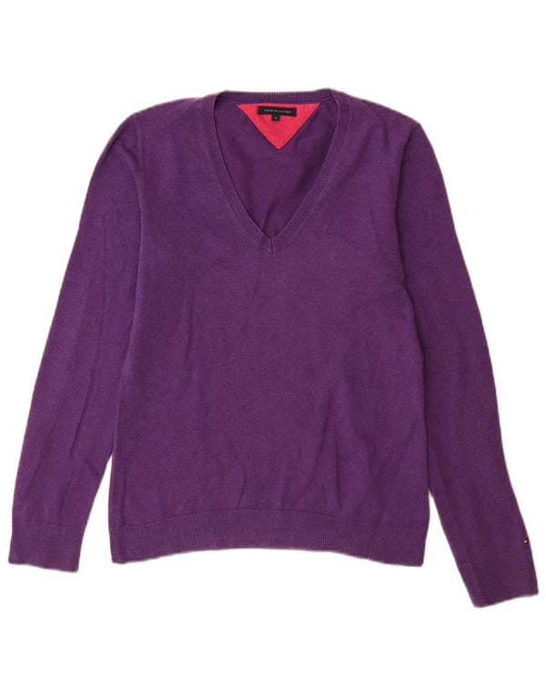 Tommy Hilfiger Womens V-Neck Jumper Sweater UK 12 Medium Purple Cotton