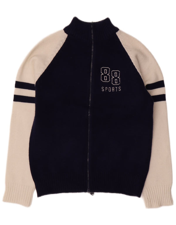 ВИНТАЖНЫЙ женский свитер-кардиган с графическим рисунком UK 14, средний темно-синий с цветными блоками