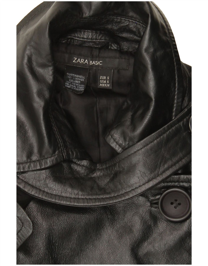 Женское кожаное пальто в стиле милитари Zara UK 10, маленькое черное кожаное