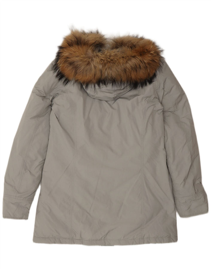 Женская парка Woolrich с капюшоном, Великобритания 16, большая серая зимняя из полиэстера