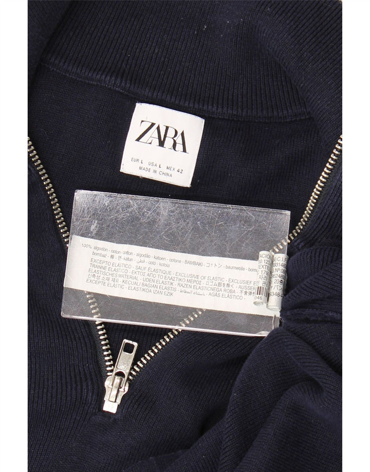 Мужской джемпер с воротником на молнии Zara, большой темно-синий хлопковый свитер