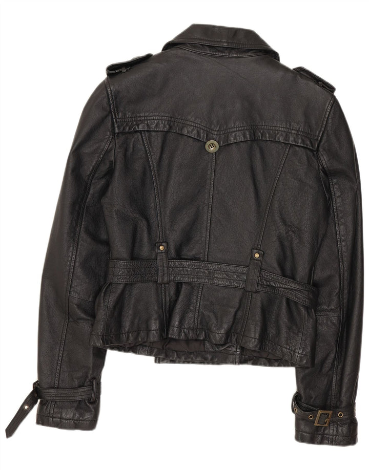 SPECCHIO Женская укороченная кожаная куртка в стиле милитари UK 12, кожа среднего черного цвета