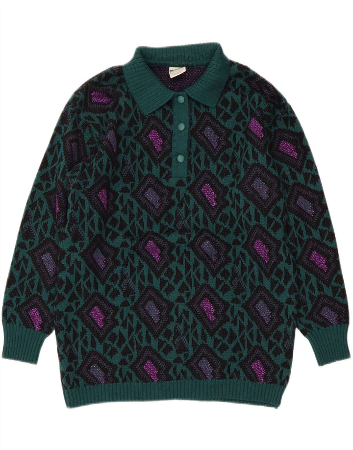 FREYA Womens Abstract Pattern Polo Neck Jumper Sweater UK 14 Medium Green Vintage Freya and Second-Hand Freya from Messina Hembry 