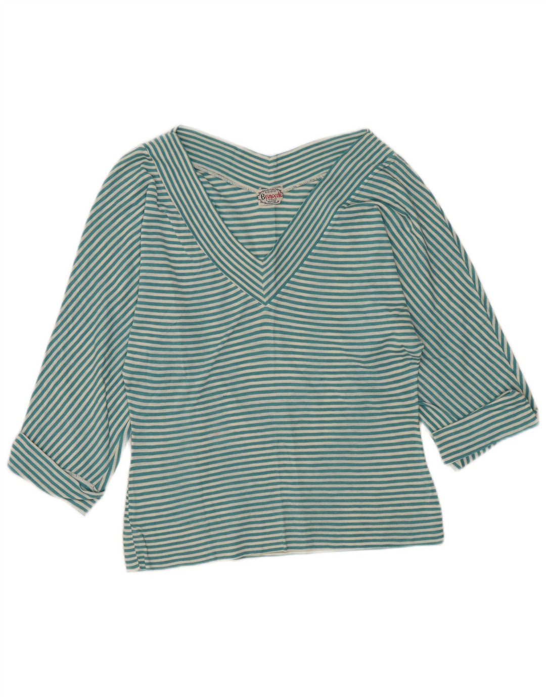 Винтажный женский топ с рукавом 3/4, Великобритания, 48 XL, бирюзовый в полоску