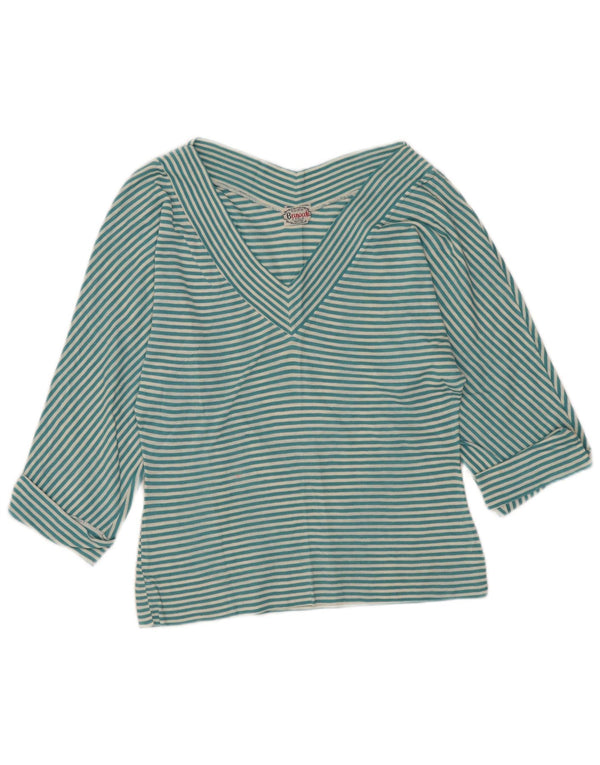 Винтажный женский топ с рукавом 3/4, Великобритания, 48 XL, бирюзовый в полоску