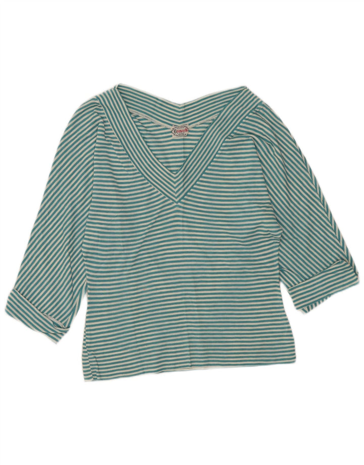 Винтажный женский топ с рукавом 3/4, Великобритания, 48 XL, бирюзовый в полоску