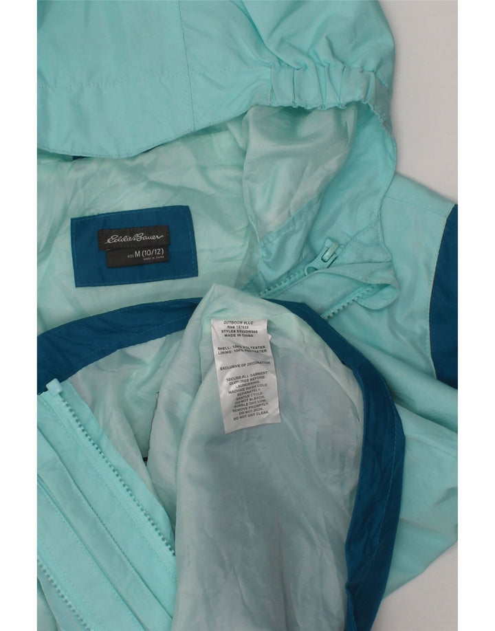 EDDIE BAUER Girls Hooded Rain Jacket 10-11 Years Medium Blue Colourblock Vintage Eddie Bauer and Second-Hand Eddie Bauer from Messina Hembry 