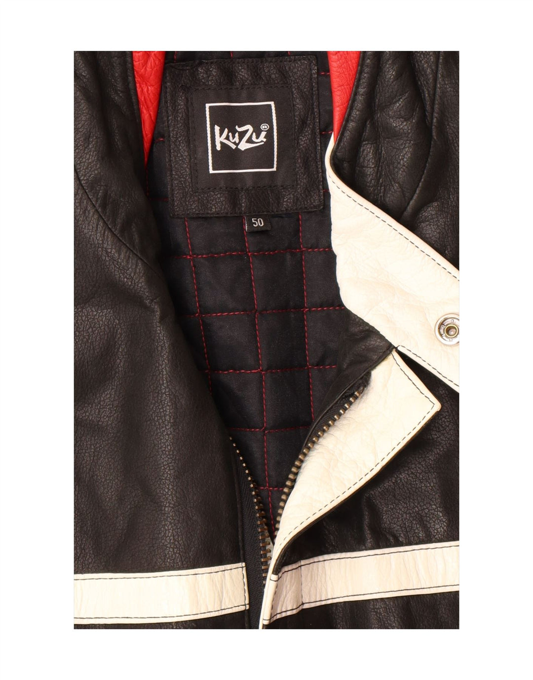 KUZU Mens Leather Racer Jacket IT 50 Large Black Colourblock Leather Vintage Kuzu and Second-Hand Kuzu from Messina Hembry 