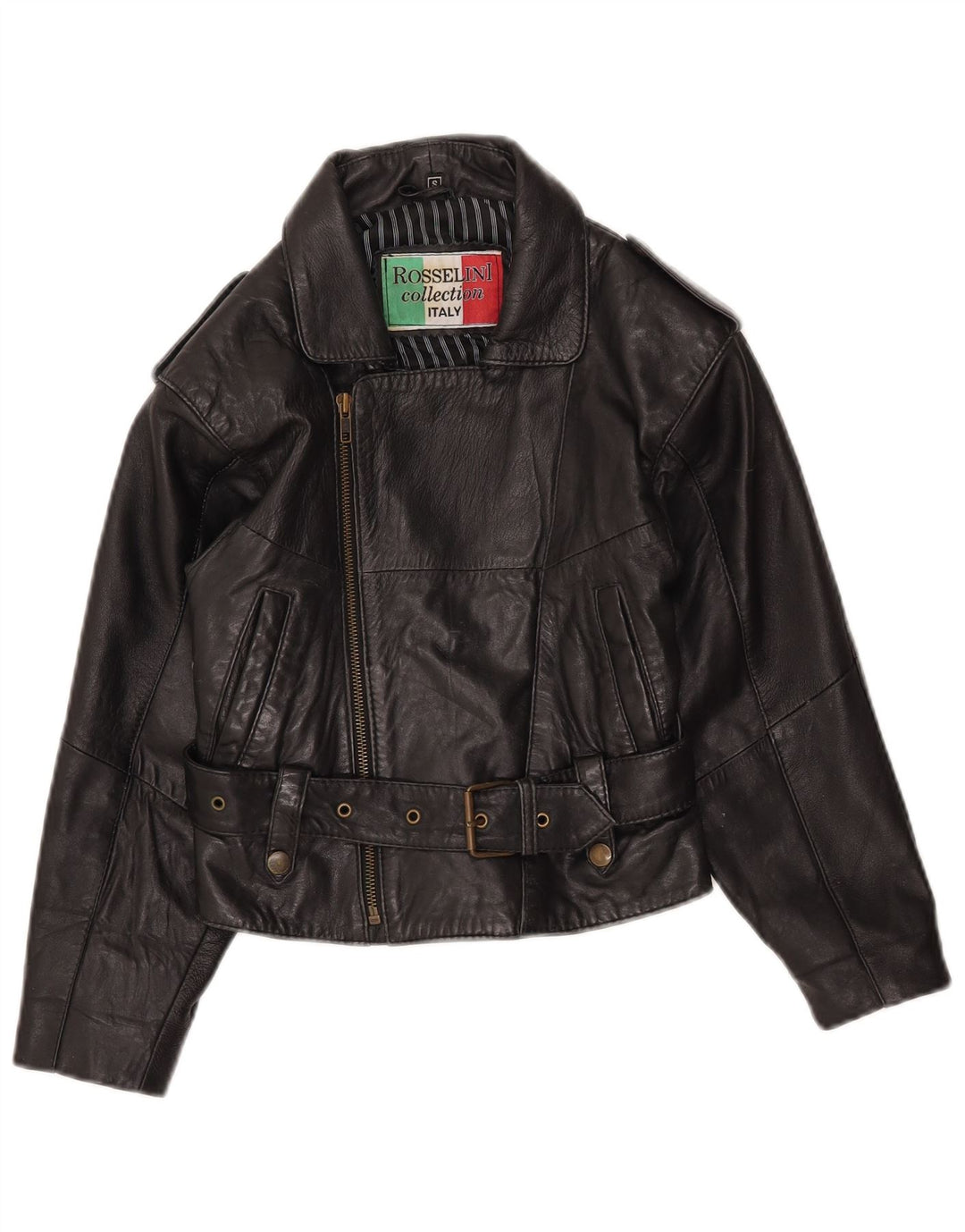 Винтажная женская укороченная кожаная байкерская куртка UK 8, маленькая черная кожа