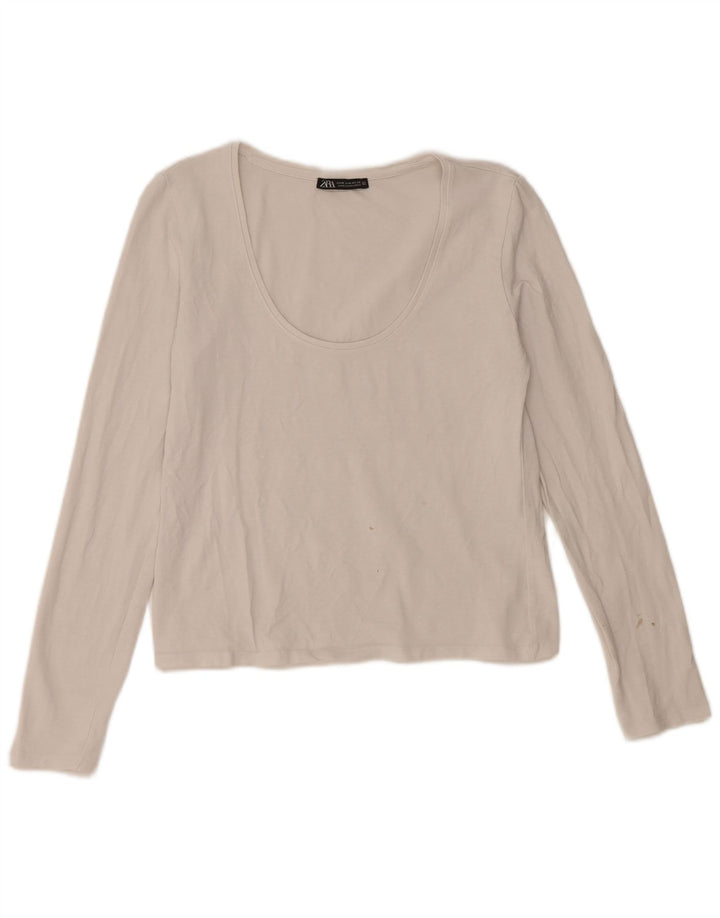 Женский укороченный топ Zara UK 12 с длинным рукавом, средний белый хлопок