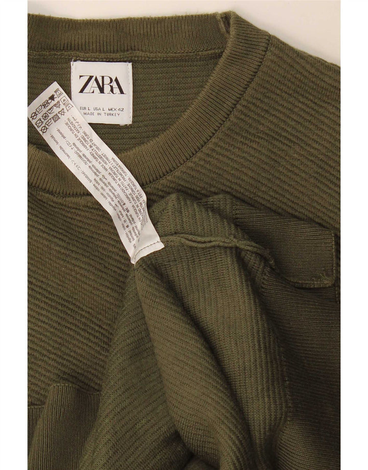 Мужской джемпер с круглым вырезом Zara, большой хлопковый свитер цвета хаки