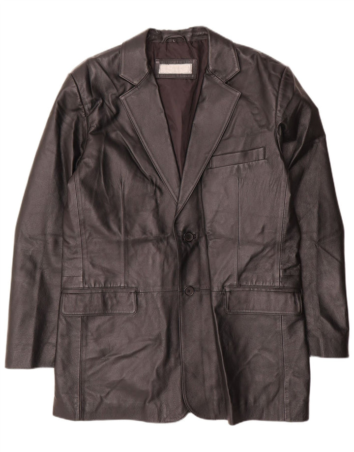 ВИНТАЖНЫЙ Мужской кожаный пиджак на 2 пуговицах UK 40, большой черный