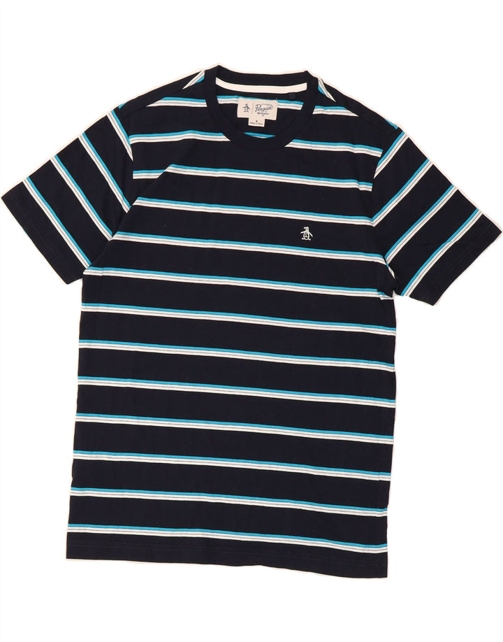PENGUIN Mens T-Shirt Top Medium Navy Blue Striped Cotton Vintage Penguin and Second-Hand Penguin from Messina Hembry 