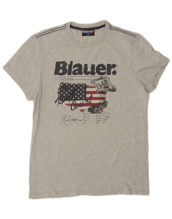 Мужская футболка с рисунком Blauer, хлопковый топ среднего серого цвета