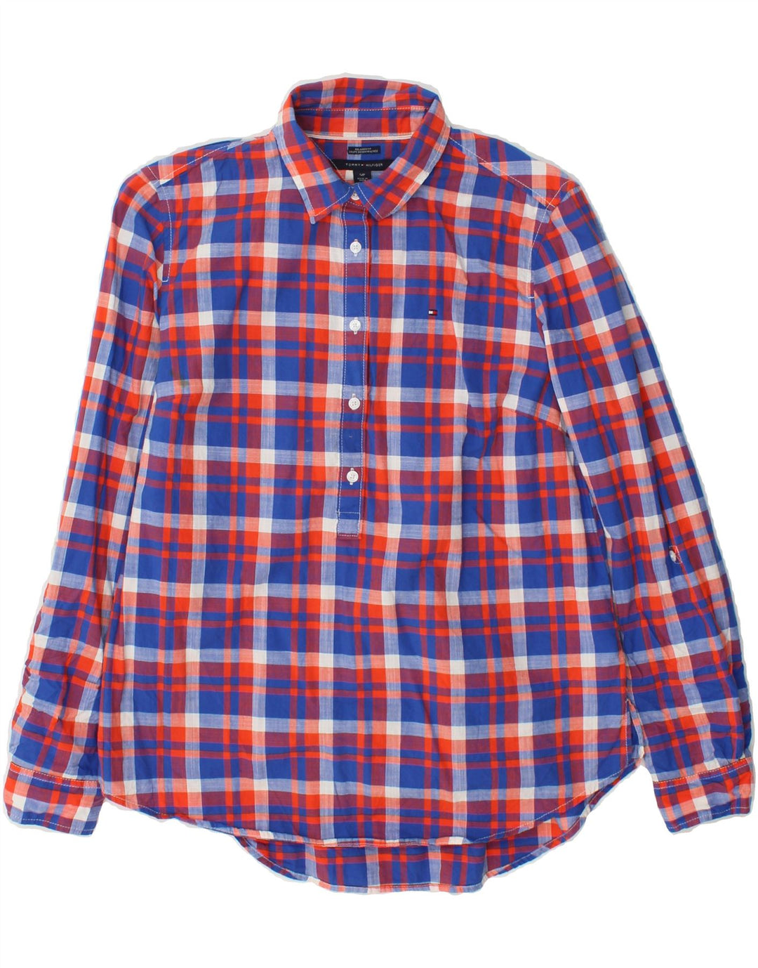 TOMMY HILFIGER Womens Relaxed Fit Pullover Shirt UK 10 Small Blue Check Vintage Tommy Hilfiger and Second-Hand Tommy Hilfiger from Messina Hembry 