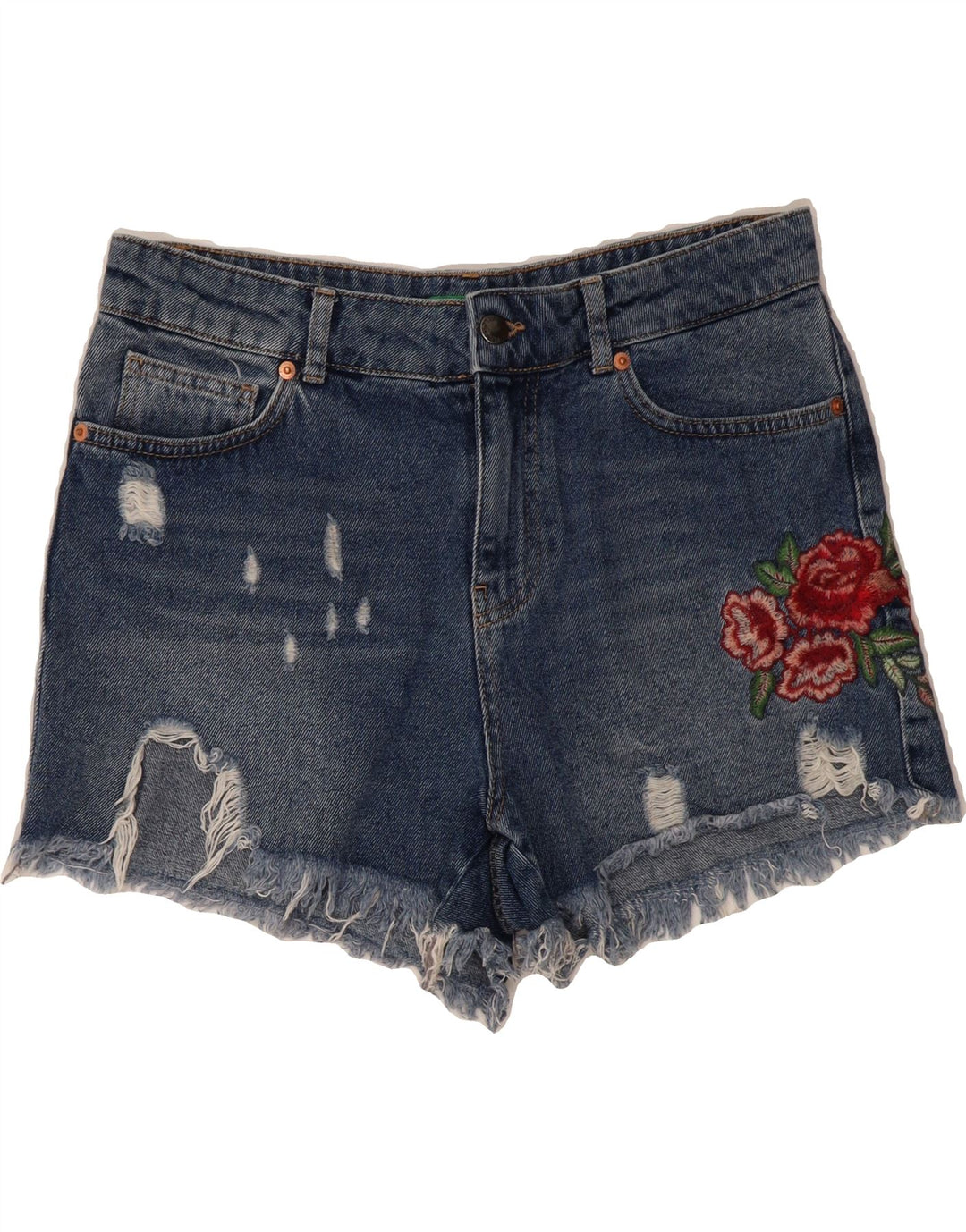 BENETTON Womens Distressed Denim Shorts  W30 Medium Blue Floral Cotton Vintage Benetton and Second-Hand Benetton from Messina Hembry 