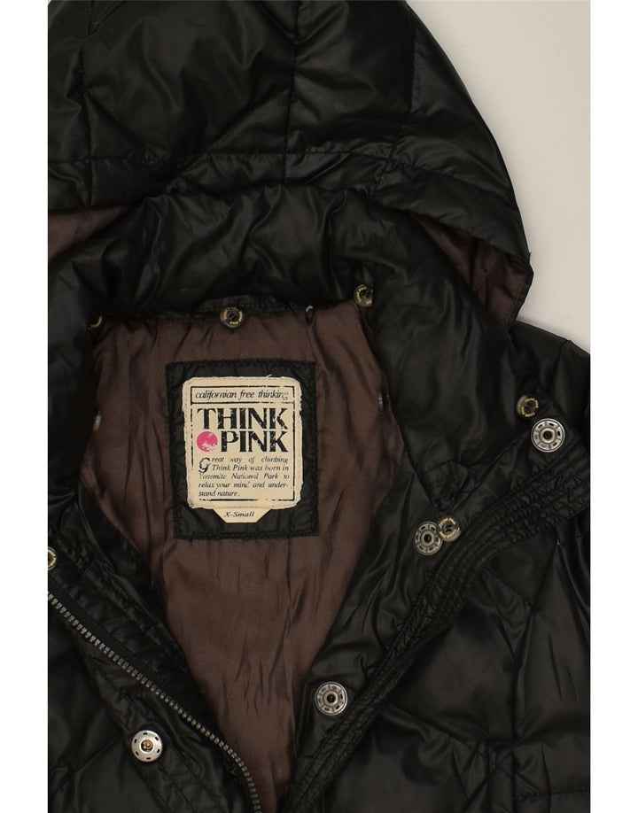 THINK PINK Womens Hooded Padded Jacket UK 6 XS Black | Vintage Think Pink | Thrift | Second-Hand Think Pink | Used Clothing | Messina Hembry 