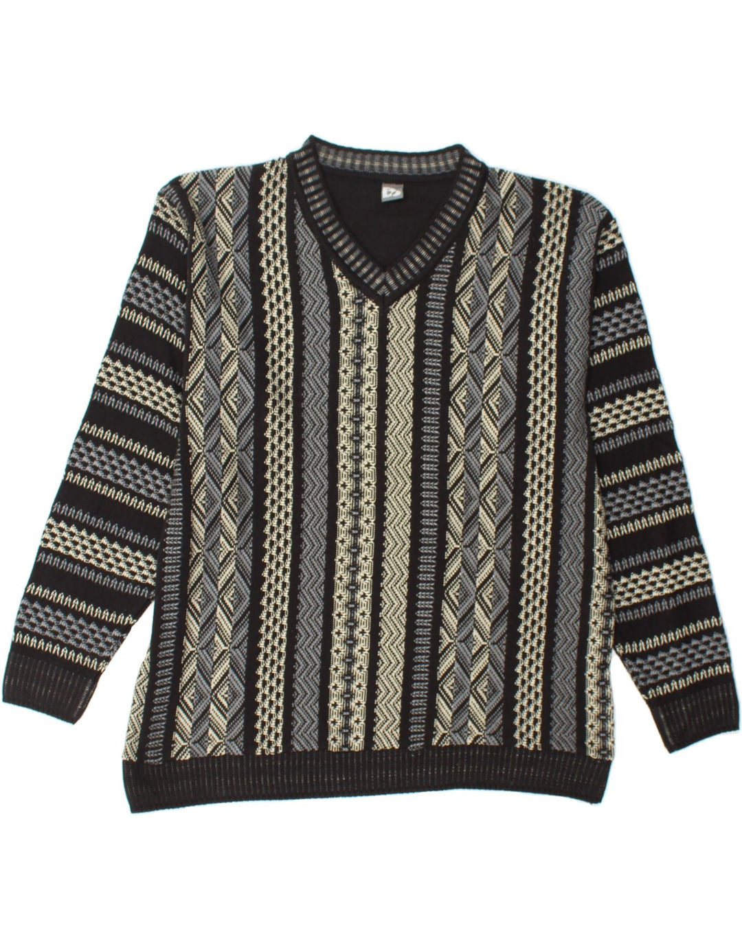 VINTAGE Mens V-Neck Jumper Sweater Medium Black Geometric Vintage Vintage and Second-Hand Vintage from Messina Hembry 