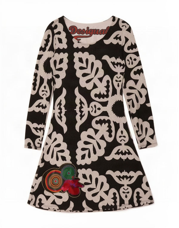 Desigual Womens Long Sleeve A-Line Dress UK 10 Small Black Floral Polyester