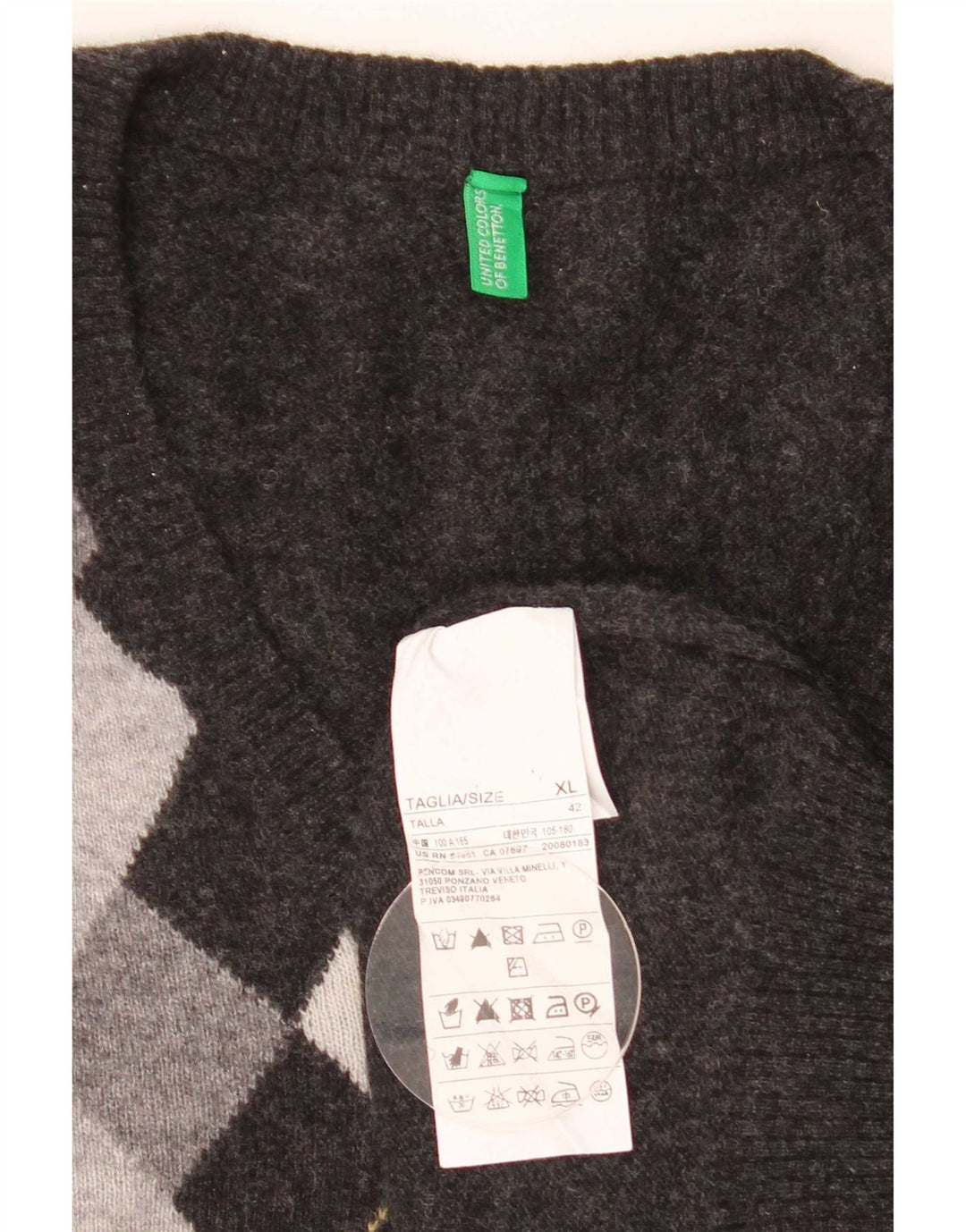 Мужской джемпер Benetton с v-образным вырезом XL, серый аргайл/ромб, шерсть