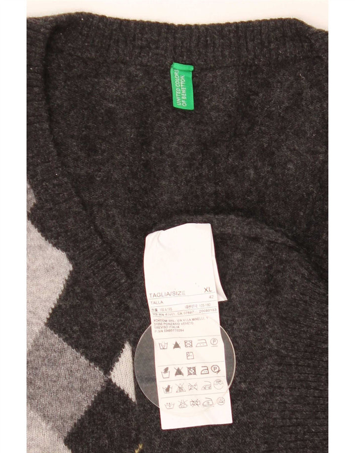 Мужской джемпер Benetton с v-образным вырезом XL, серый аргайл/ромб, шерсть