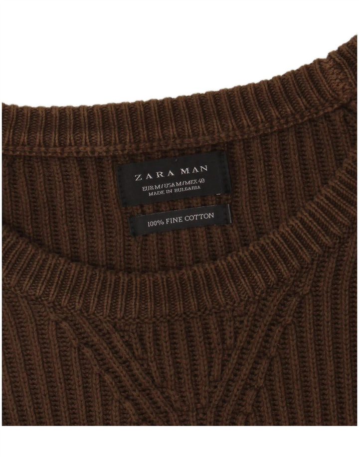 Мужской джемпер с вырезом лодочкой ZARA, хлопковый свитер среднего коричневого цвета