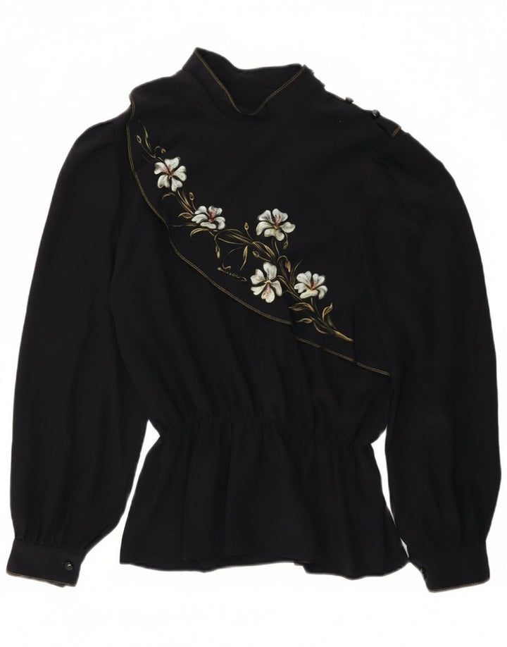 Винтажная женская блузка с длинным рукавом, топ UK 14, средний темно-синий с цветочным принтом