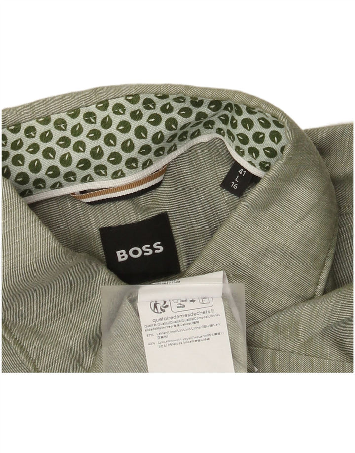 Мужская рубашка Hugo Boss, размер 41, большая, зеленая, льняная
