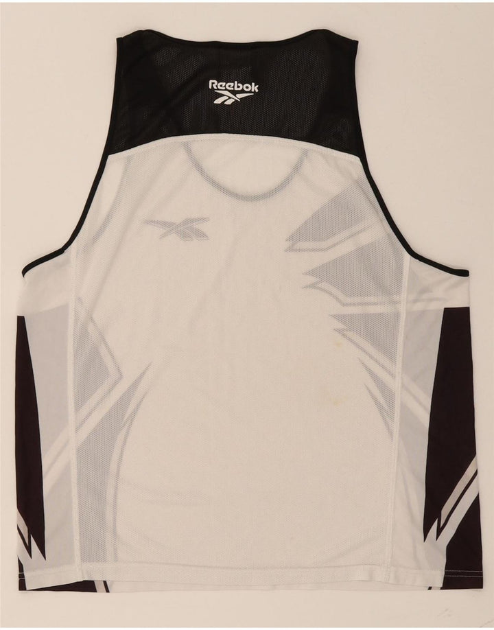 REEBOK Womens See Through Graphic Vest Top UK 12 Medium White Colourblock Vintage Reebok and Second-Hand Reebok from Messina Hembry 