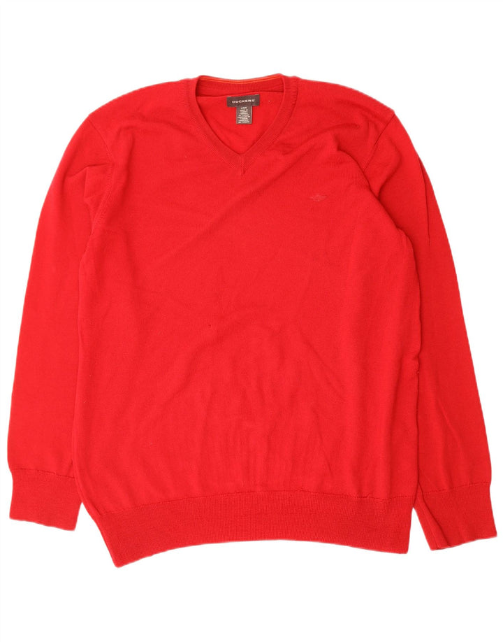 DOCKERS Mens V-Neck Jumper Sweater Large Red Wool
