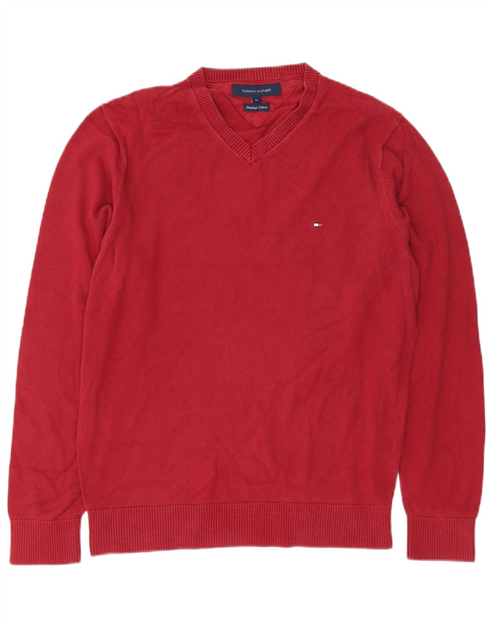 TOMMY HILFIGER Мужской джемпер с v-образным вырезом, средний красный хлопковый свитер