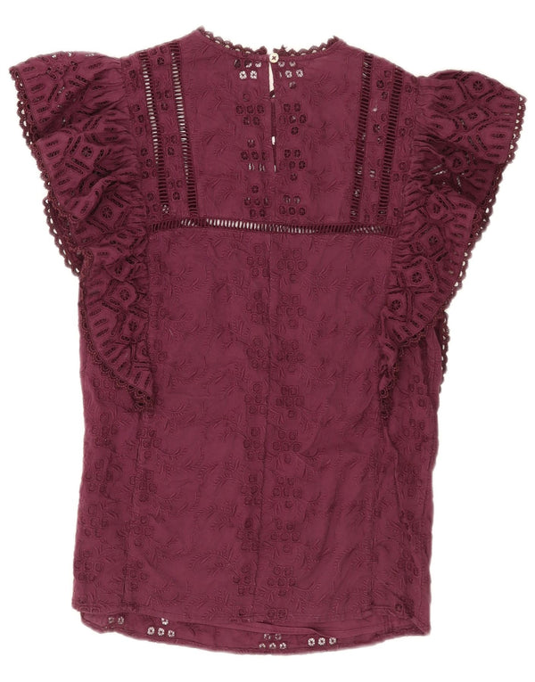 Karen Millen Womens Blouse Top UK 8 Small Burgundy Floral Cotton