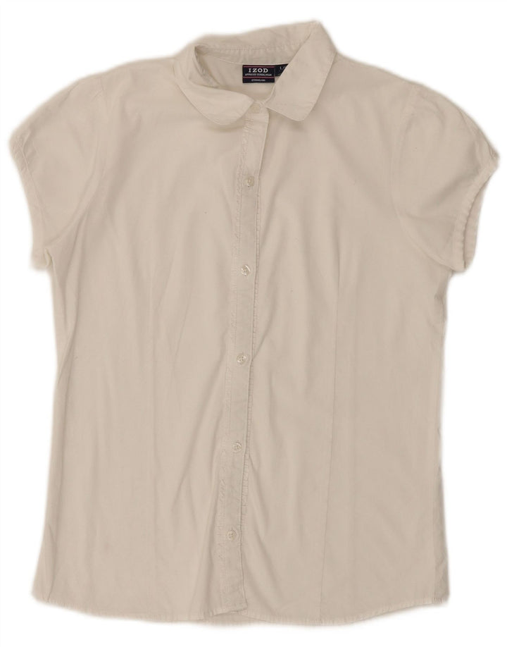 IZOD Блузка-рубашка с короткими рукавами и оборками спереди для девочек, 14–15 лет, большая белая