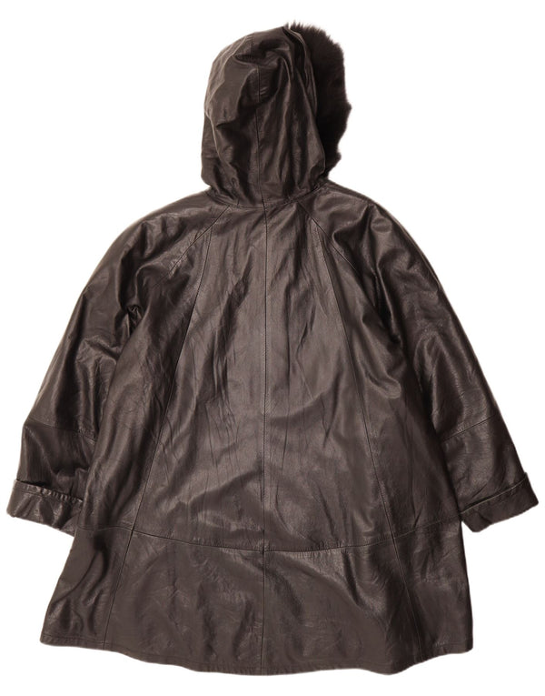 VINTAGE Женское кожаное пальто оверсайз с капюшоном IT 42 Medium Black Leather