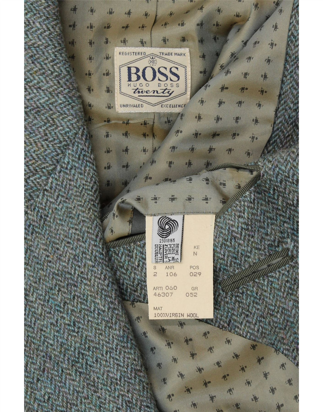Мужской пиджак на 2 пуговицах HUGO BOSS IT 52 XL, синий, с рисунком «елочка», новая шерсть