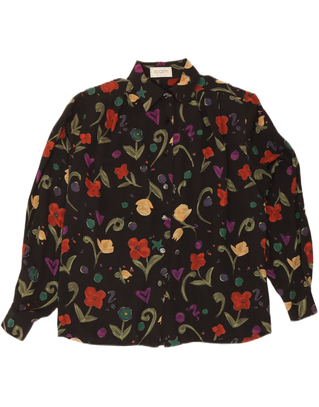 ICAM Женская блузка-рубашка IT 46, большая, черная, с цветочным принтом, ацетат