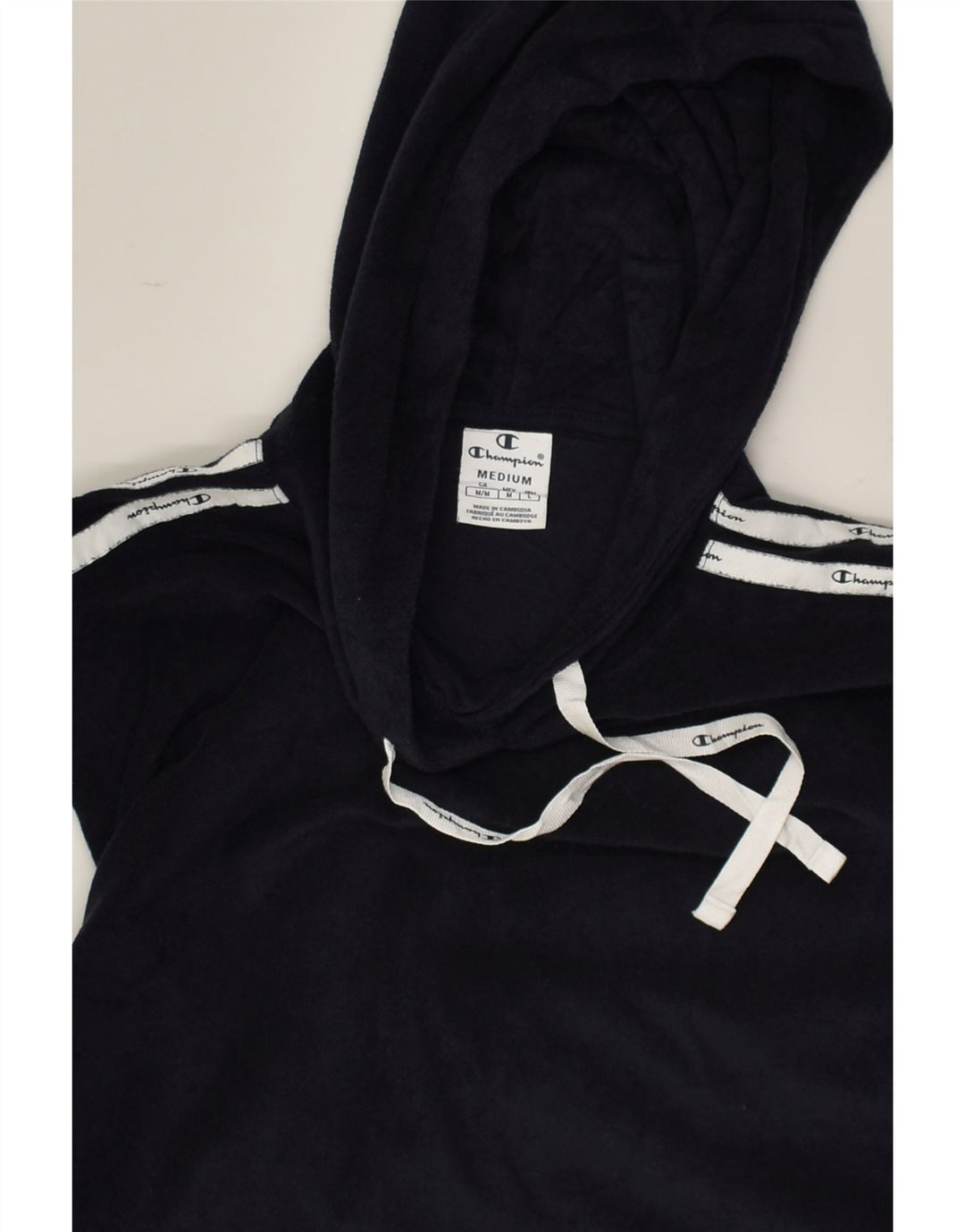 CHAMPION Womens Crop Hoodie Jumper UK 14 Medium Navy Blue Cotton | Vintage Champion | Thrift | Second-Hand Champion | Used Clothing | Messina Hembry 
