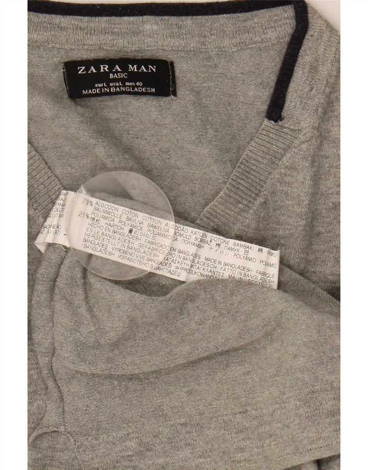 Мужской джемпер с v-образным вырезом Zara, большой серый хлопковый свитер