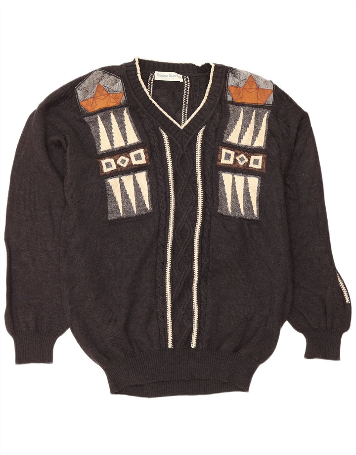 UMBERTO BILANCIONI Мужской джемпер с v-образным вырезом 2XL, серый, шерсть с геометрическим рисунком