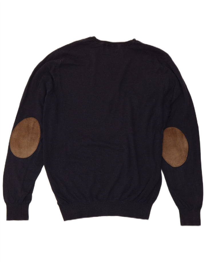 Мужской джемпер с круглым вырезом MASSIMO DUTTI, средний темно-синий хлопковый свитер