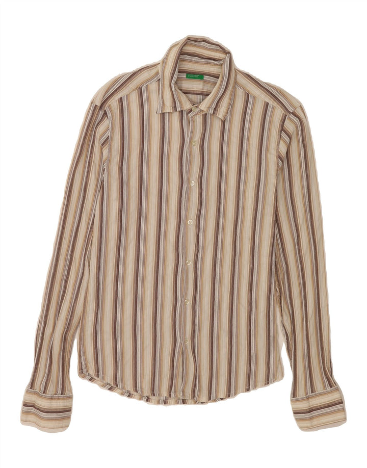 BENETTON Womens Shirt UK 14 Medium Beige Striped Vintage Benetton and Second-Hand Benetton from Messina Hembry 