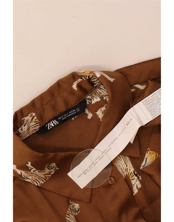 Женская блузка-рубашка оверсайз Zara UK 10, маленький бежевый полиэстер с животным принтом