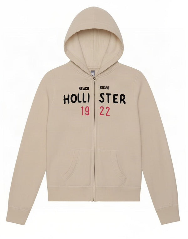 Hollister Womens Graphic Zip Hoodie Sweater UK 12 Medium White Cotton