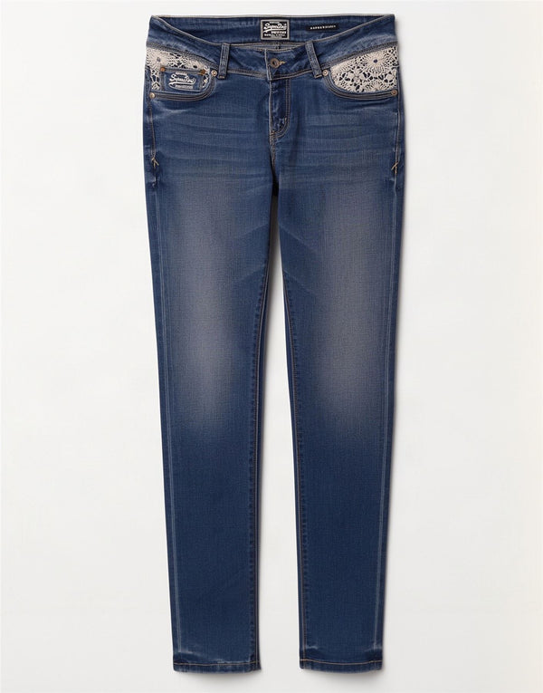 Женские джинсы Superdry Super Skinny W28 L32, синий хлопок с цветочным принтом