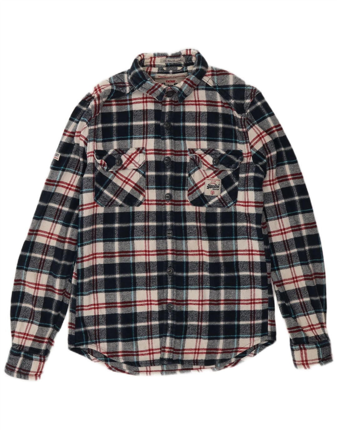 SUPERDRY Мужская фланелевая рубашка маленького размера, темно-синяя клетка, хлопок