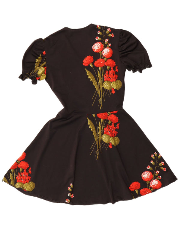 ВИНТАЖНОЕ женское платье А-силуэта UK 12, средний черный с цветочным принтом