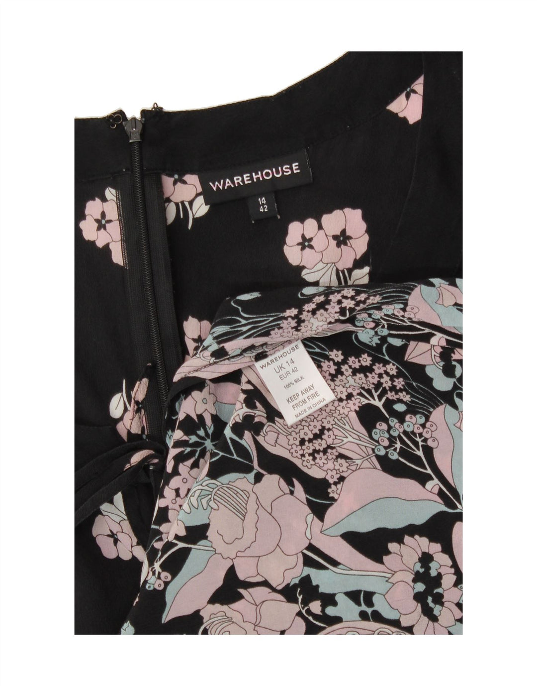WAREHOUSE Womens A-Line Dress UK 14 Medium Black Floral Silk Vintage Warehouse and Second-Hand Warehouse from Messina Hembry 
